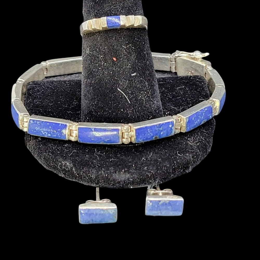 Vtg Morita Gil Sterling Silver Lapis Bracelet in Box and unmarked Earrings/Ring